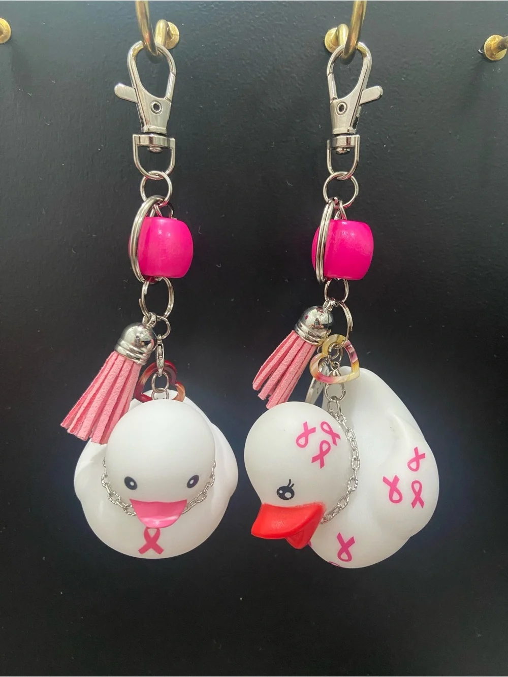 Set of 2 Breast Cancer Awareness duck bag clips/keychain-Handmade-New